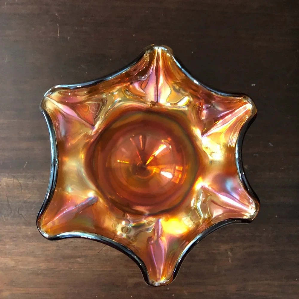 Vintage Marigold Iridescent Carnival Glass Ruffled Pedestal Candy‎ Dish Bowl MCM